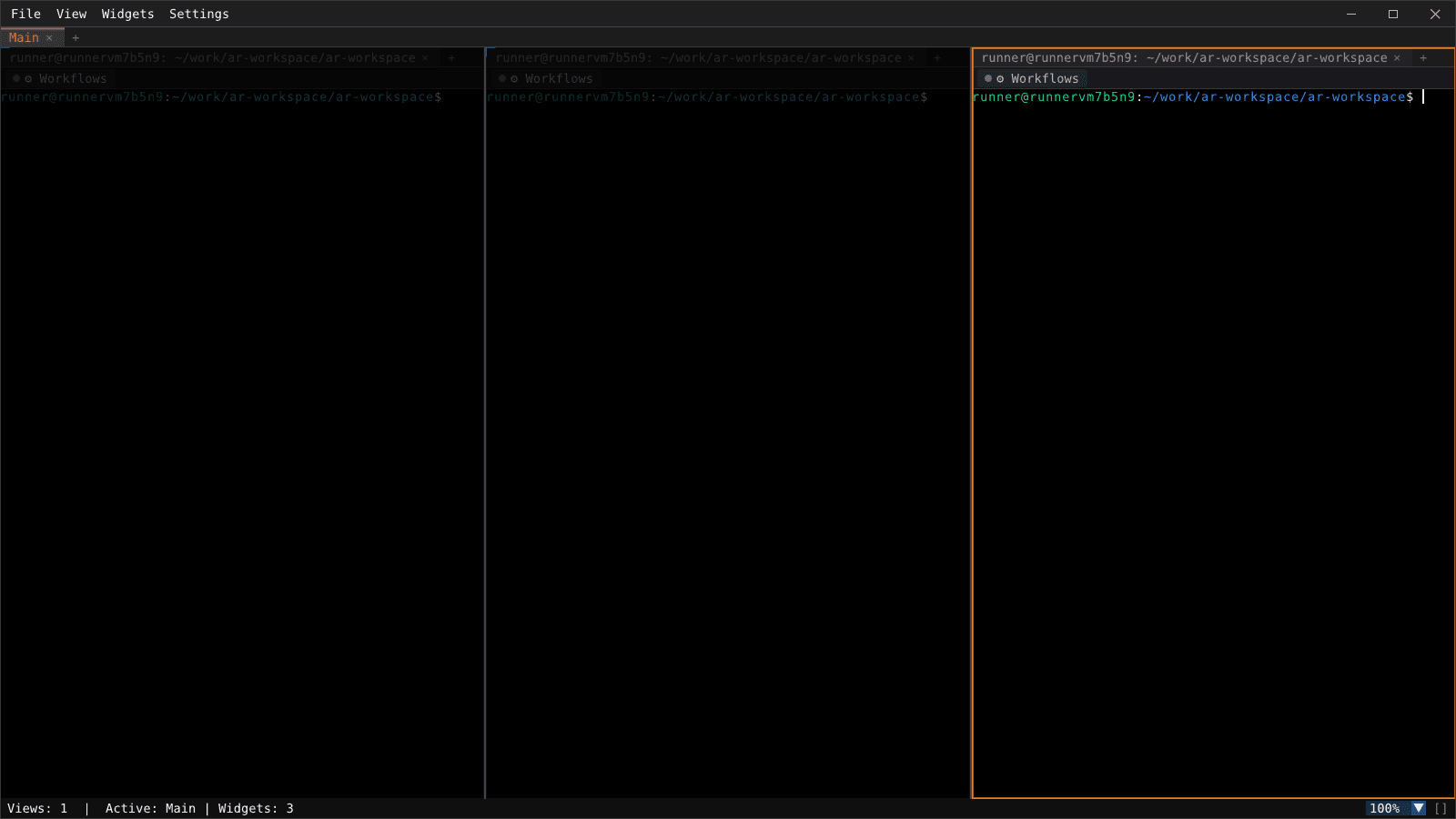 AR Workspace — three terminal panes open